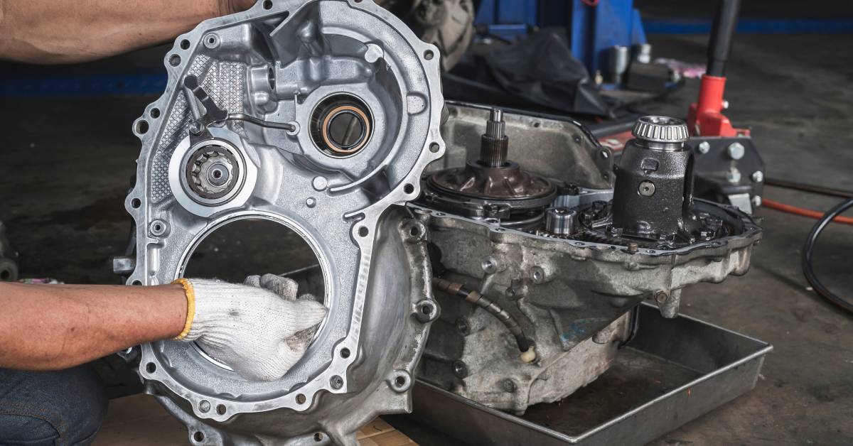 A mechanic wearing work gloves holds a disconnected portion of an automatic transmission during a rebuild service.