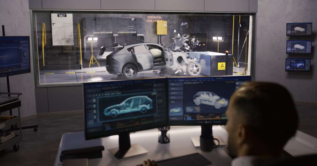 An engineer sits at a desk with monitors showing a vehicle outline. He's separated from the vehicle crash test simulation.